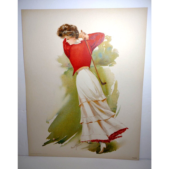 Victorian Art Print Women Golfer Artist Signed Maud Stumm Litho 1908 Original - Picture 2 of 3